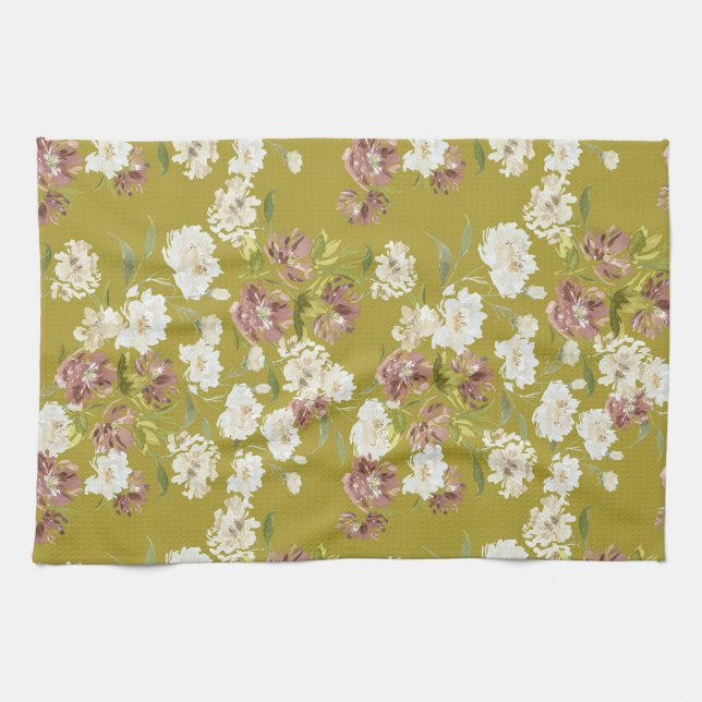 Linge De Cuisine Mustard Cranberry Floral Kitchen Towels (Horizontal)