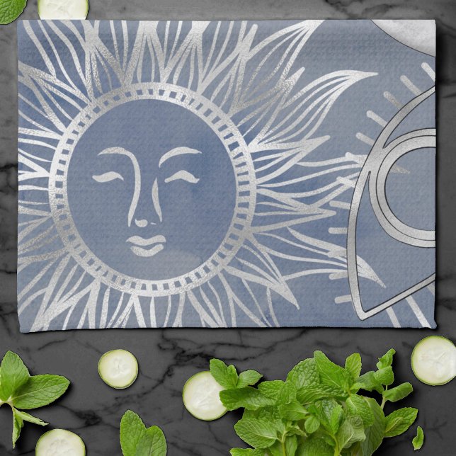 Linge De Cuisine Mystique solaire | Dusty Blue Silver Moon Stars So (Créateur téléchargé)