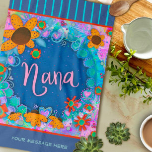 Linge De Cuisine Nana Bleu Joli rayures florales amusant Personnali
