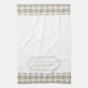 Linge De Cuisine Nature   Blanc Fleur de Lis Motif Monogramme