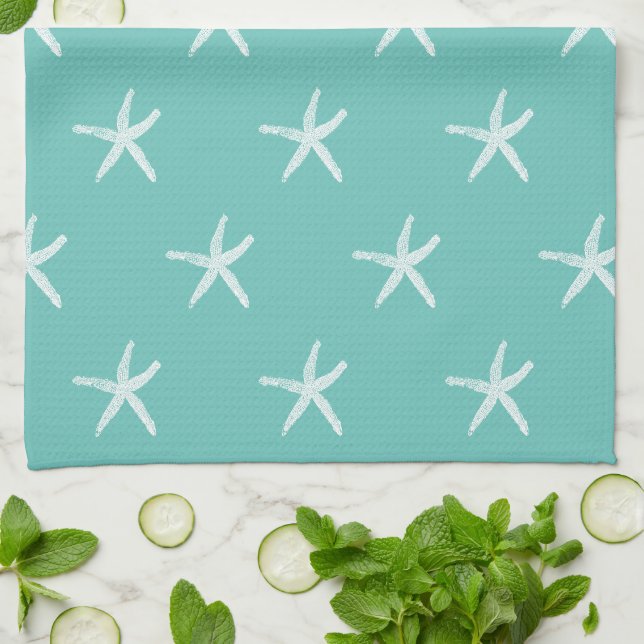 Linge De Cuisine Naute blanche Motif Turquoise bleu mou (Plié)