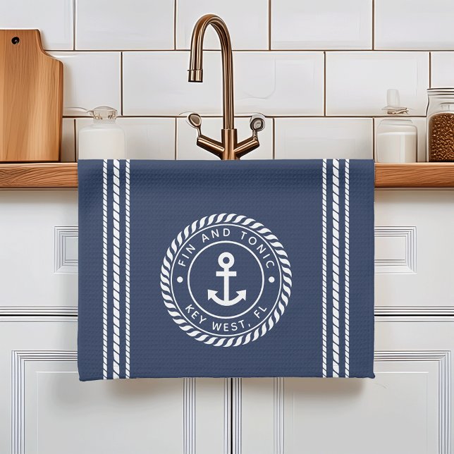 Linge De Cuisine Nautical Navy Blue & White Ancre Nom du bateau (Créateur téléchargé)
