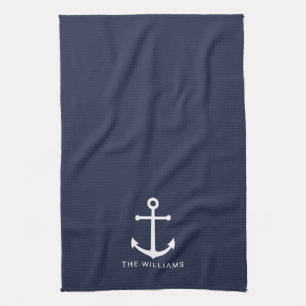 Linge De Cuisine Nautical White Anchor and Custom Nom on Navy Blue
