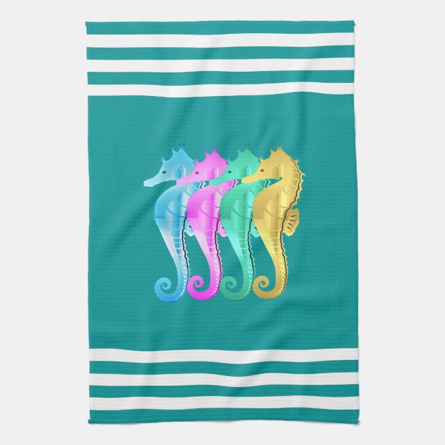 Linge De Cuisine Nautique aqua/rose/bleu/or hippocampe de plage (Vertical)