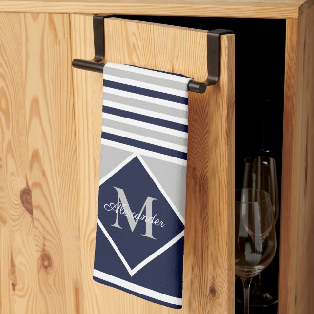 Linge De Cuisine Nautique moderne Marine bleu gris Monogramme Cuisi (Pliage en tiers)