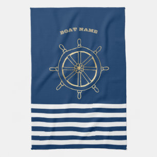 Linge De Cuisine Nautique, Roue de bateau en or, Bleu de marine
