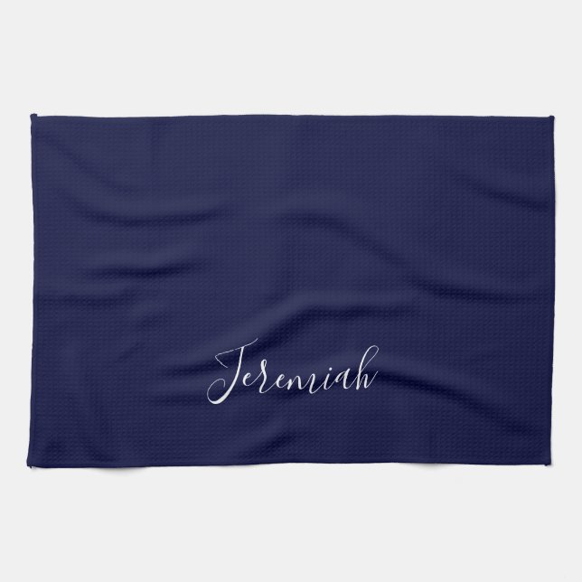 Linge De Cuisine Navy Blue Color Plain Modern Own Name Calligraphy (Horizontal)