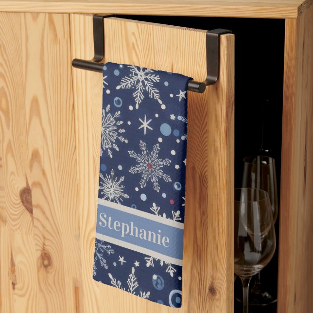 Linge De Cuisine Navy Blue Winter Snowflake Custom (Pliage en tiers)