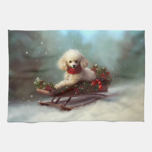 Linge De Cuisine Neige de Noël caniche hiver (Horizontal)