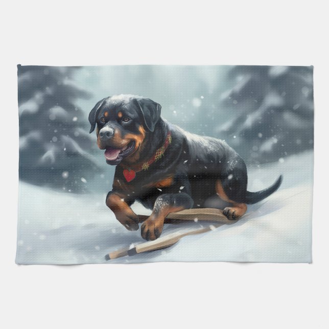 Linge De Cuisine Neige de Noël Rottweiler hiver Oreiller (Horizontal)