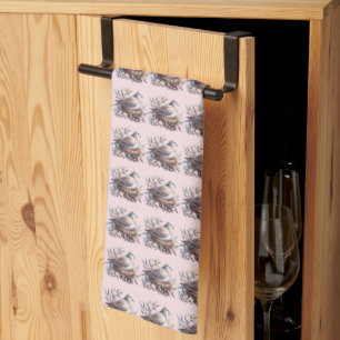 Linge De Cuisine Nid de colombe rose avec fleurs et branches d'oliv