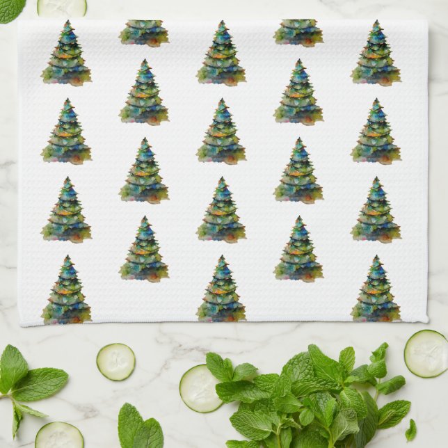Linge De Cuisine Noël Arbre Aquarelle Motif Fête (Plié)