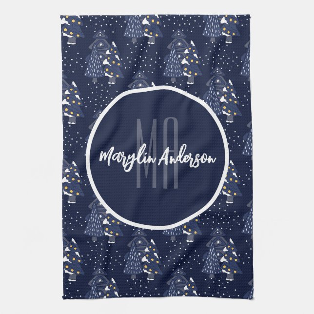 LINGE DE CUISINE NOËL BLEU FONCÉ MONOGRAMME DE LA FORÊT HIVERNALE (Vertical)