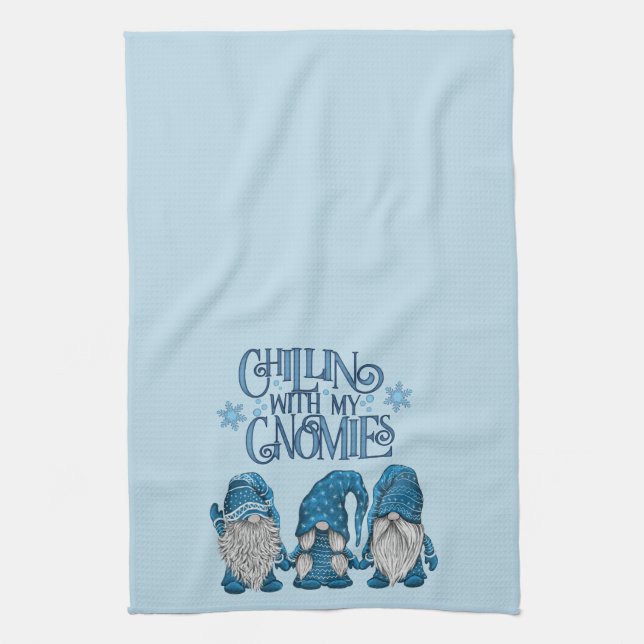 Linge De Cuisine Noël Bleu Hiver Trio Chillin Avec Mes Gnomes (Vertical)
