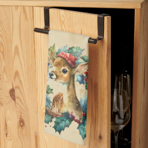 Linge De Cuisine Noël Cerf d'hiver Aquarelle animal amusant