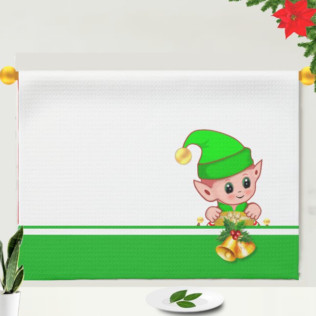 Linge De Cuisine Noël cloches et elfe mignonne sur vert et blanc (Créateur téléchargé)