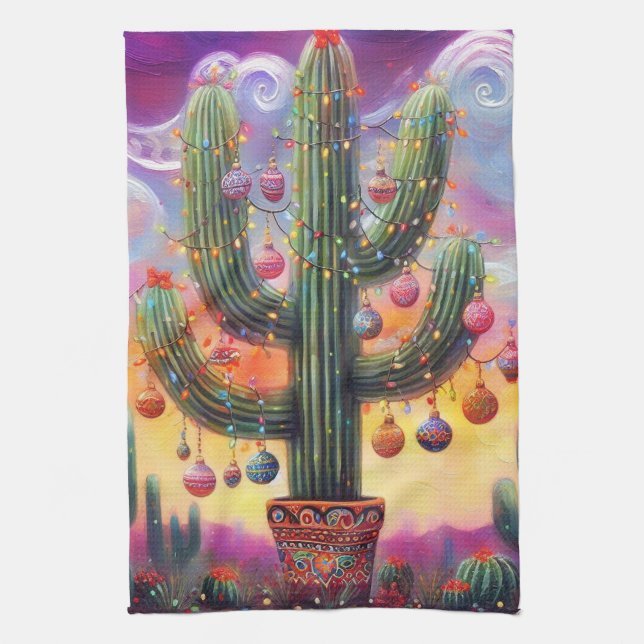 Linge De Cuisine Noël dans le désert Sud-Ouest Saguaro Cactus (Vertical)