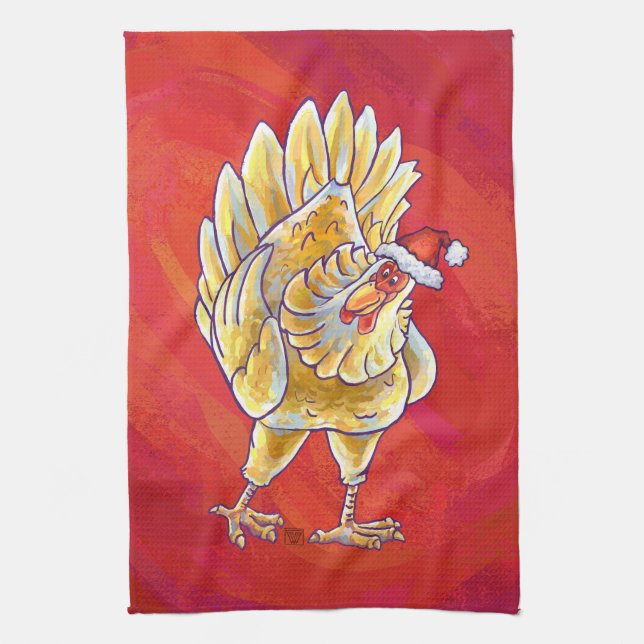 Linge De Cuisine Noël Du Poulet Sur Rouge (Vertical)