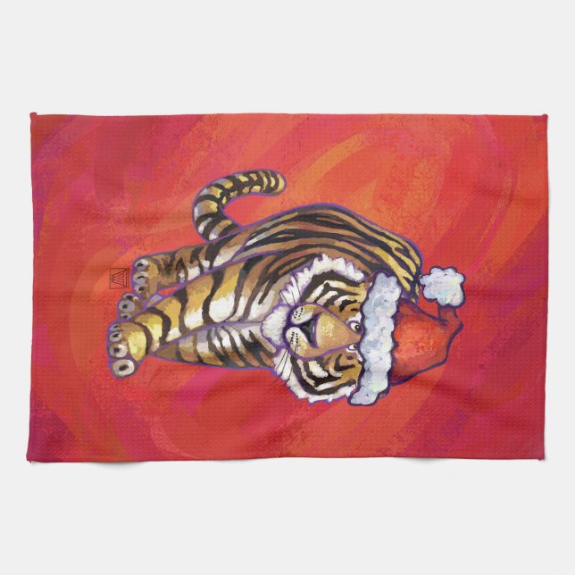 Linge De Cuisine Noël du tigre en rouge (Horizontal)