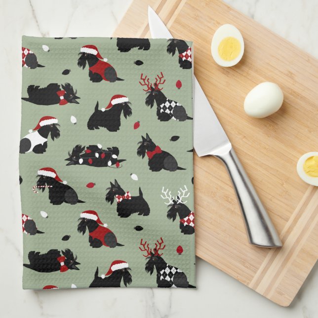 Linge De Cuisine Noël écossais Terrier vert (Quart Plié)