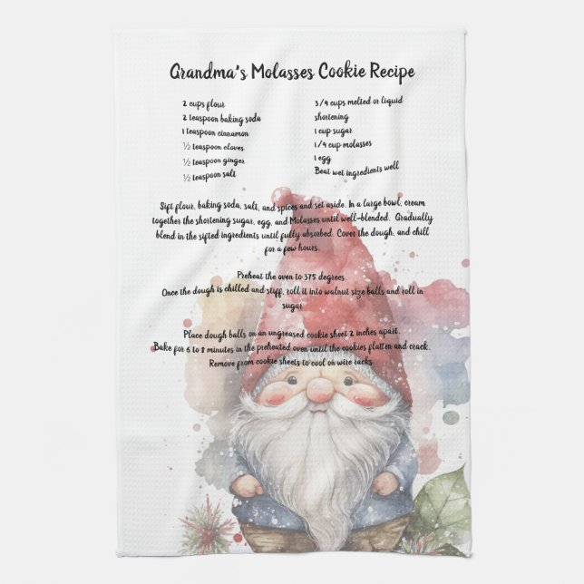 Linge De Cuisine Noël Gnome Rouge Casquette Aquarelle Recette (Vertical)