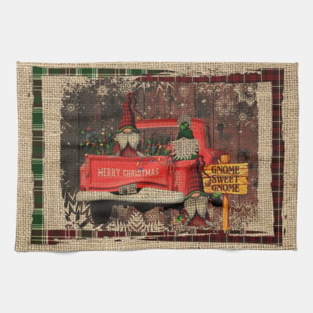 Linge De Cuisine Noël Gnome Sweet Gnome Camion Rouge Plaid Rustique (Horizontal)