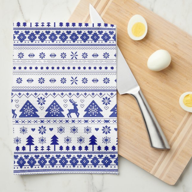 Linge De Cuisine Noël nordique scandinave bleu et blanc (Quart Plié)