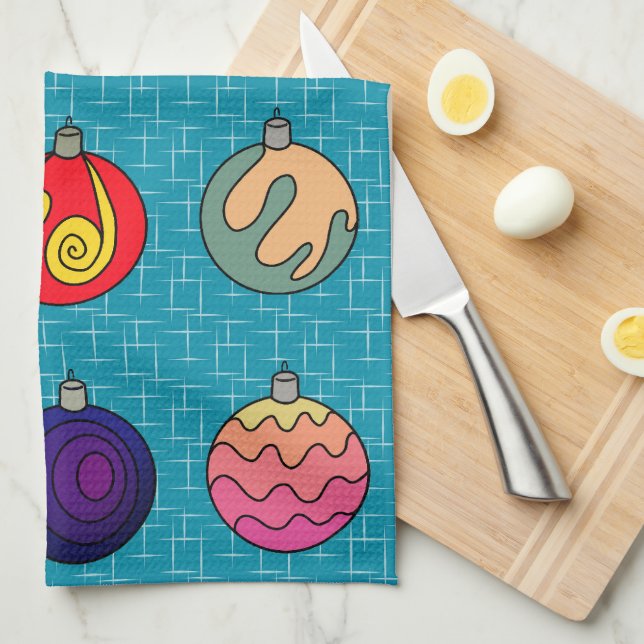 Linge De Cuisine Noël Ornements couleurs vives motifs funéraires (Quart Plié)