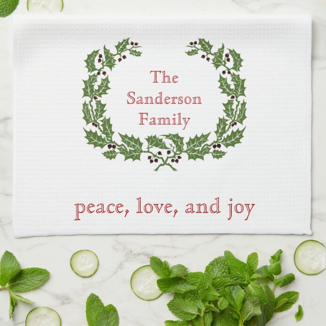 Linge De Cuisine Noël personnalisé Paix Amour Joie Wreath (Plié)
