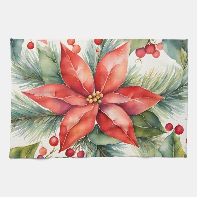 Linge De Cuisine Noël Poinsettia et Holly Berries (Horizontal)