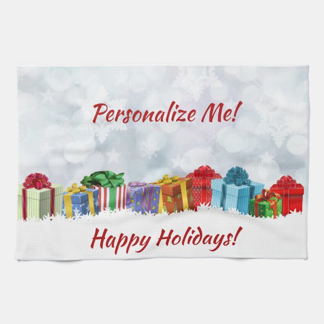 Linge De Cuisine Noël Présente Cadeaux Enveloppés Joyeux Fêtes (Horizontal)