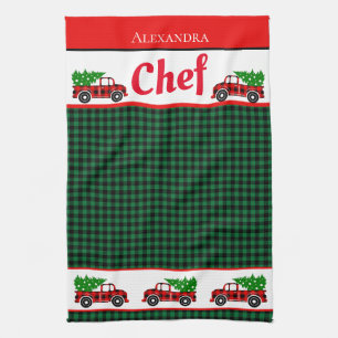 Linge De Cuisine Noël Rouge Camion Chef Green Buffalo Plaid Apro