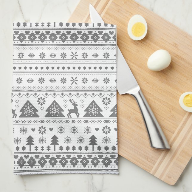 Linge De Cuisine Noël traditionnel scandinave gris (Quart Plié)