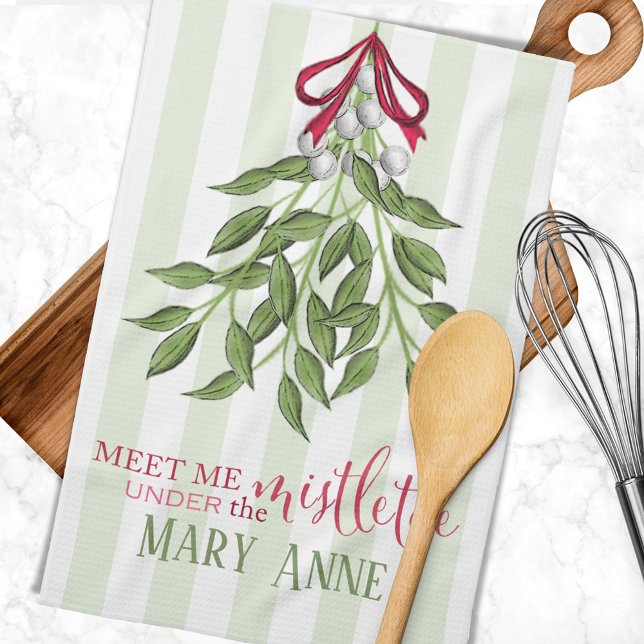 Linge De Cuisine Noël Vacances mignonne Whimsic Mistletoe Amusant (Meet me under the mistletoe kitchen towel.)