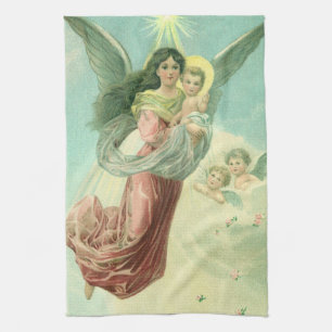 Linge De Cuisine Noël vintage, ange victorien avec l'enfant Jésus