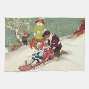 Linge De Cuisine Noël vintage, enfants faisant de la luge dans la n