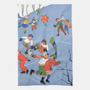 Linge De Cuisine Noël vintage, enfants patinant sur un lac