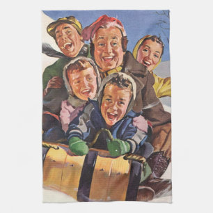Linge De Cuisine Noël vintage, famille heureuse faisant de la luge