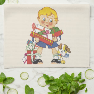 Linge De Cuisine Noël vintage, Garçon avec des présents et Chien de