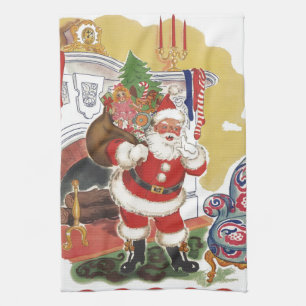 Linge De Cuisine Noël vintage, Jolly Père Noël avec des présents
