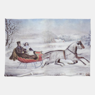 Linge De Cuisine Noël Vintage, La Route Hiver, Cheval Sleigh