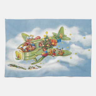 Linge De Cuisine Noël vintage, le Père Noël vole un avion
