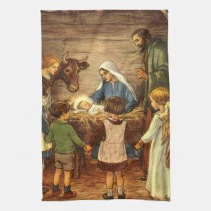 Linge De Cuisine Noël Vintage, Nativité Religieuse avec Bébé Jésus