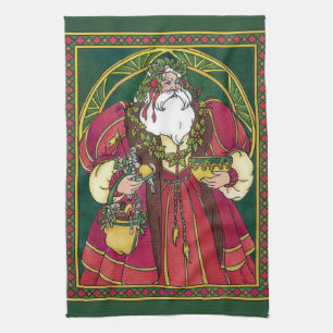 Linge De Cuisine Noël vintage, Père Noël avec feuilles de houx