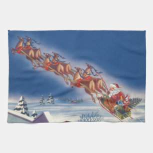 Linge De Cuisine Noël Vintage, Père Noël Flying Sleigh w Reindeer