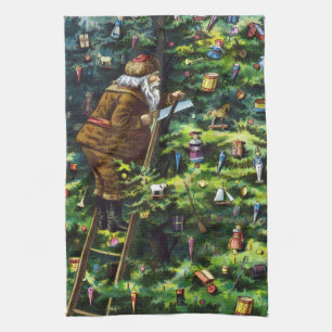 Linge De Cuisine Noël vintage, Père Noël victorien avec arbre