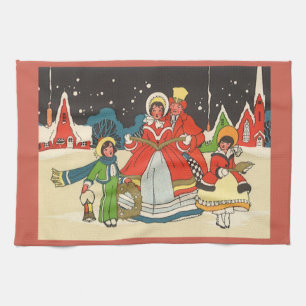 Linge De Cuisine Noël vintage, une famille chantant des chants de m