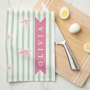 Linge De Cuisine Nœud Rose Personnalisé Rayure Verte Coquette Prépa