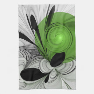 Linge De Cuisine Noir Abstrait et blanc avec art fractal vert