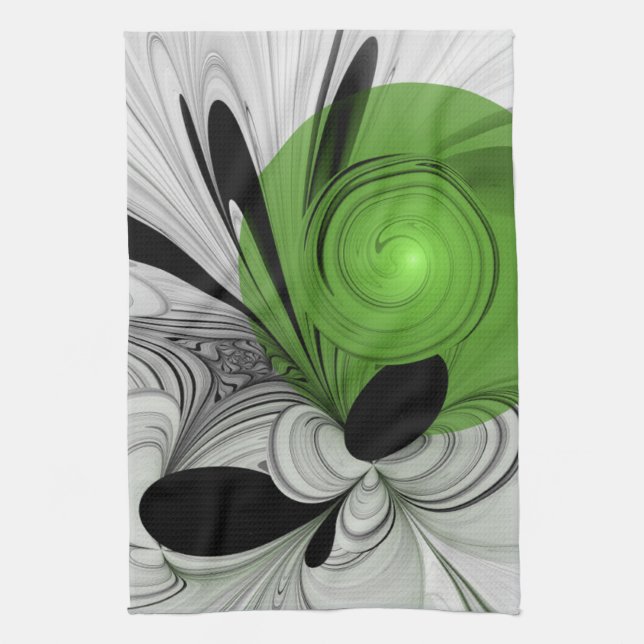 Linge De Cuisine Noir Abstrait et blanc avec art fractal vert (Vertical)